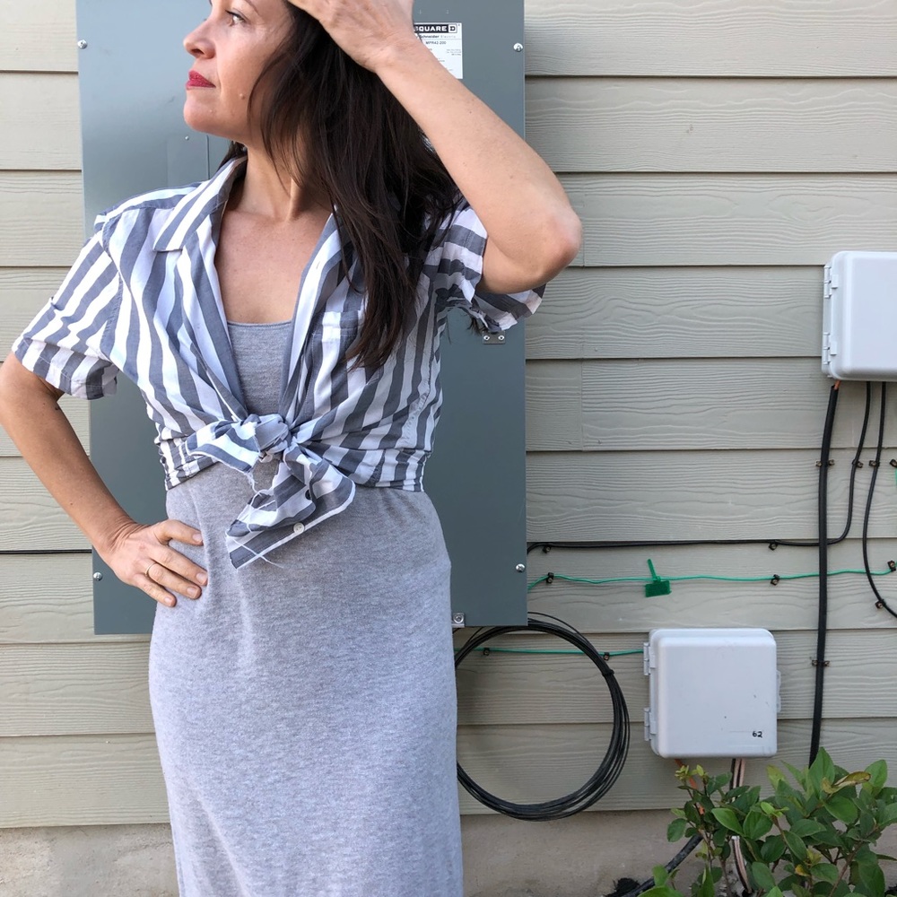 French Connection Striped Frayed Raw Edge Button U